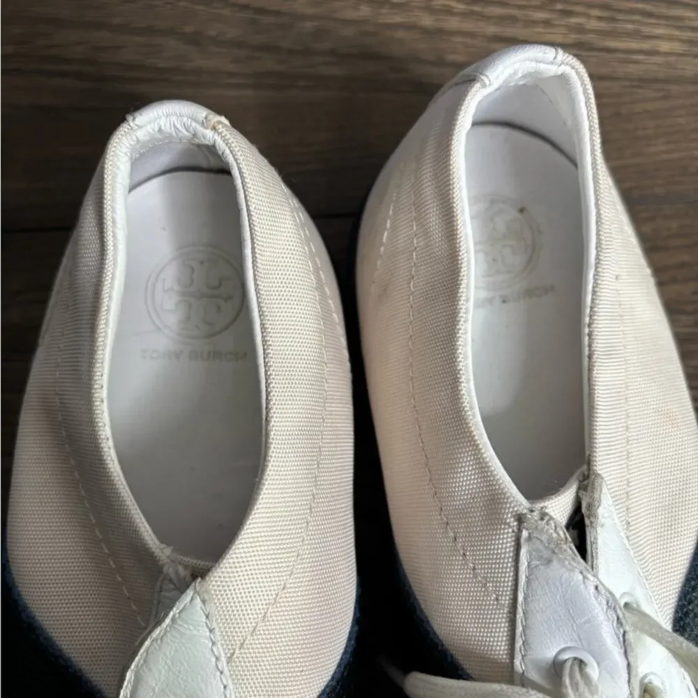 Tory Burch White Navy Stripe Lace Up Sneakers Rubber Sole 9
